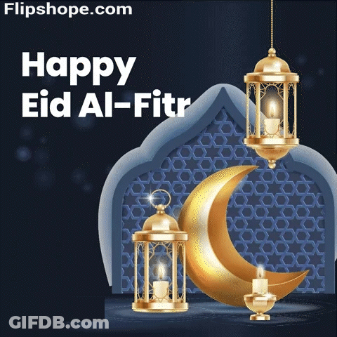 Happy Eid Al-Fitr Greeting Card With Gold Lanterns And Crescent Moon GIF