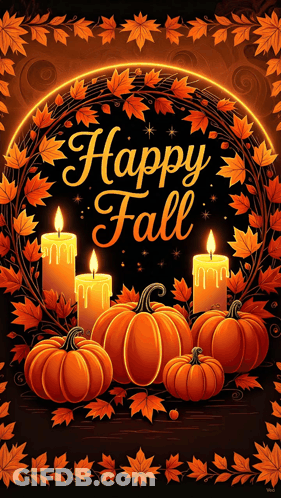 Happy Fall Greeting With Pumpkins And Candles GIF