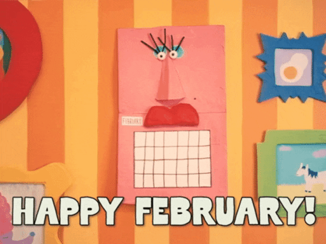 Happy February Cartoon Calendar With Face GIF