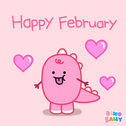 Happy February Dino Sally Popping Heart Bubbles GIF