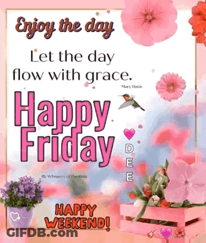 Happy Friday Card With Flowers And Hummingbird GIF