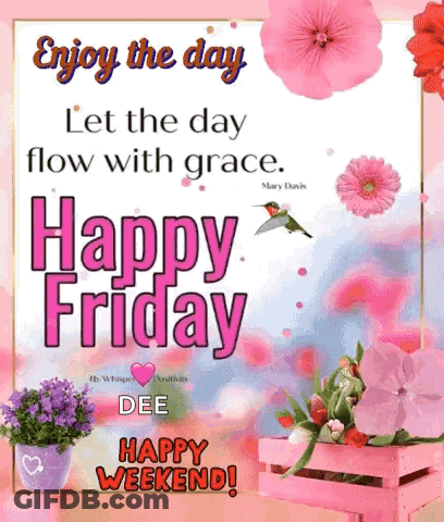 Happy Friday Card With Pink Flowers And Hummingbird GIF