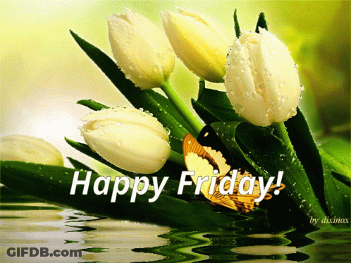 Happy Friday Greeting Card With Butterfly And Flowers GIF