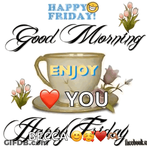 Happy Friday Greeting Card With Coffee And Flowers GIF