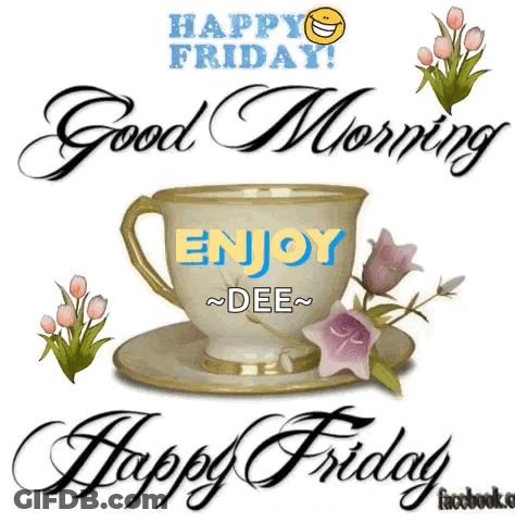Happy Friday Greeting Card With Coffee And Flowers GIF