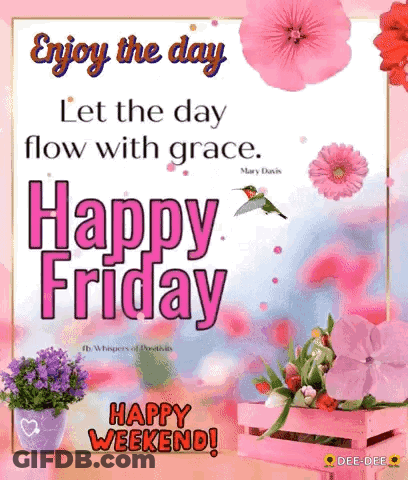 Happy Friday Greeting Card With Flowers And Hummingbird GIF