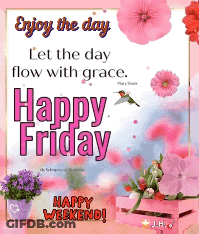 Happy Friday Greeting Card With Flowers And Hummingbird GIF