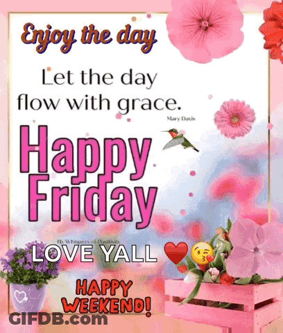 Happy Friday Greeting Card With Pink Flowers And Hummingbird GIF