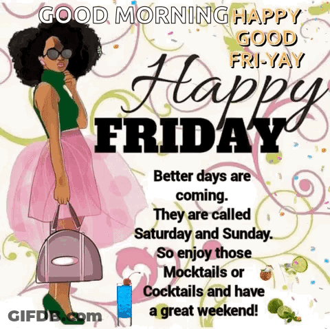 Happy Friday Greeting Card Woman Holding Purse And Cocktail GIF