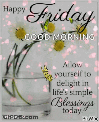 Happy Friday Morning Greeting Card With Flowers And Butterfly GIF