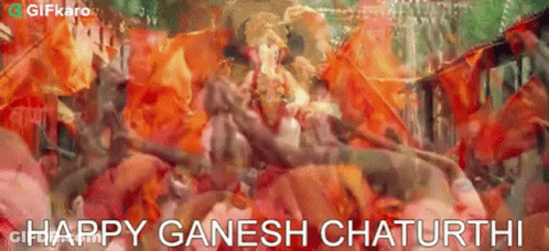 Happy Ganesh Chaturthi Ganesha With People And Flags GIF