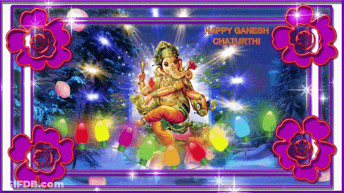 Happy Ganesh Chaturthi Greeting Card With Flowers And Lights GIF
