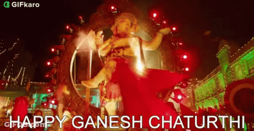 Happy Ganesh Chaturthi Statue Surrounded By Lights GIF