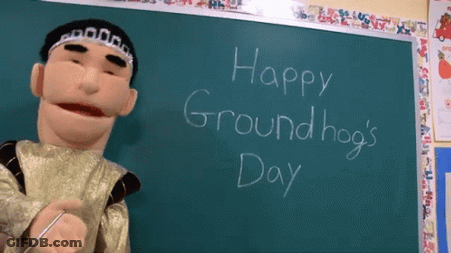 Happy Groundhog Day Puppet Chalkboard GIF