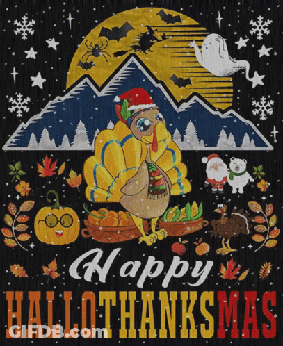 Happy Hallothanksmas Turkey In Santa Hat GIF