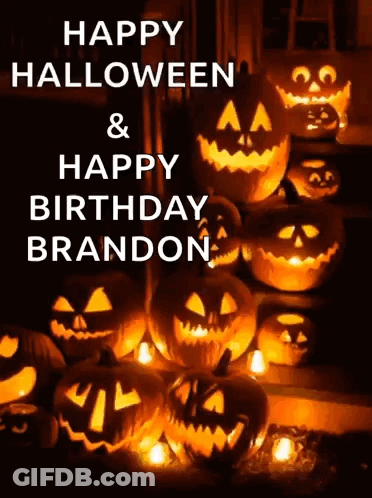 Happy Halloween And Happy Birthday Brandon Greeting Card With Pumpkins And Candles GIF