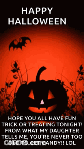 Happy Halloween Card With Pumpkin And Bats GIF