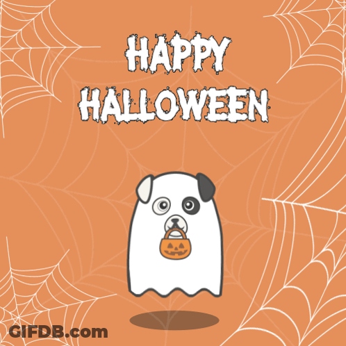 Happy Halloween Dog Ghost Holding Pumpkin GIF