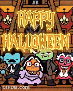 Happy Halloween Greeting Card With Cartoon Characters In Front Of Church GIF