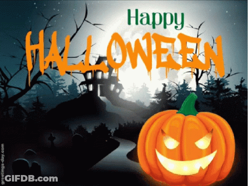 Happy Halloween Greeting Card With Cats And Dogs GIF