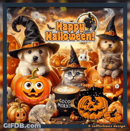 Happy Halloween Greeting Card With Cats And Dogs GIF