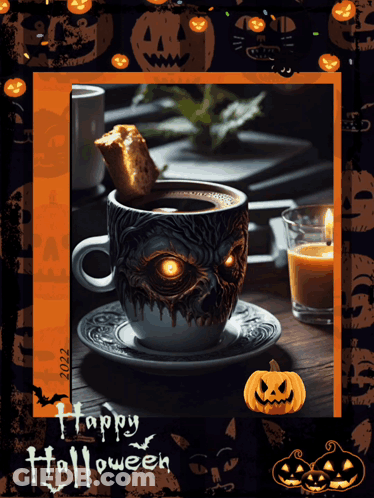 Happy Halloween Greeting Card With Coffee And Candle GIF
