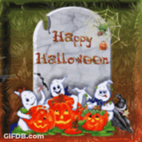 Happy Halloween Greeting Card With Ghosts Pumpkins And Gravestone GIF