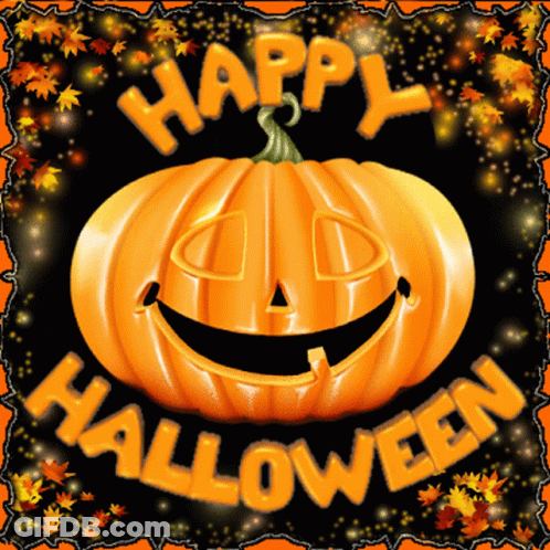 Happy Halloween Greeting Card With Pumpkin And Leaves GIF