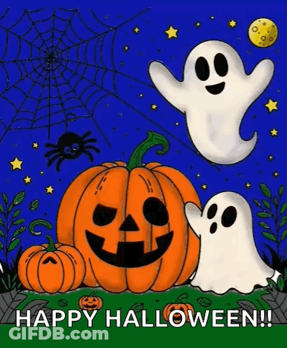 Happy Halloween Greeting Card With Pumpkins And Ghosts GIF