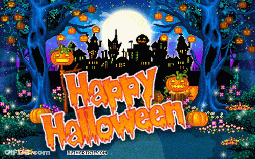 Happy Halloween Greeting Card With Pumpkins And Haunted House GIF
