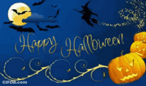 Happy Halloween Greeting Card With Pumpkins And Witch On Broom GIF