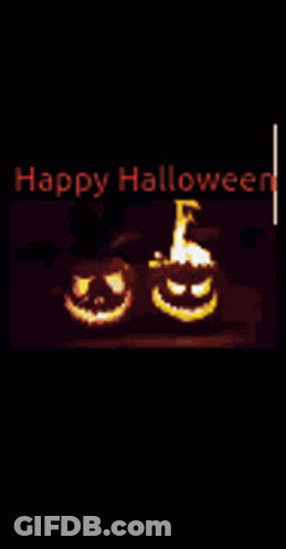 Happy Halloween Greeting Card With Two Carved Pumpkins On Fire GIF
