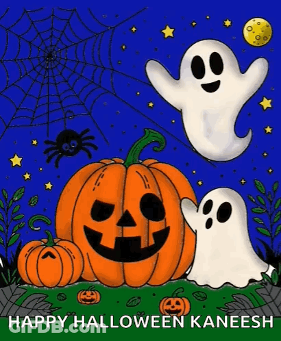Happy Halloween Kaneesh Pumpkins Ghosts Spiders GIF