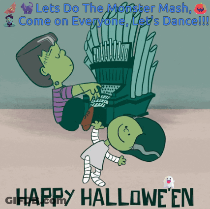 Happy Halloween Poster With Frankenstein And Bride Dancing GIF