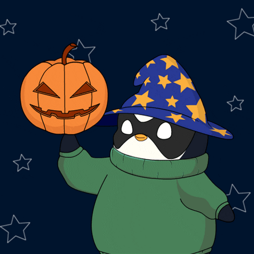 Happy Halloween Pudgy Penguin Twirling Pumpkin GIF