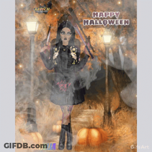 Happy Halloween Witch Holding Broom GIF