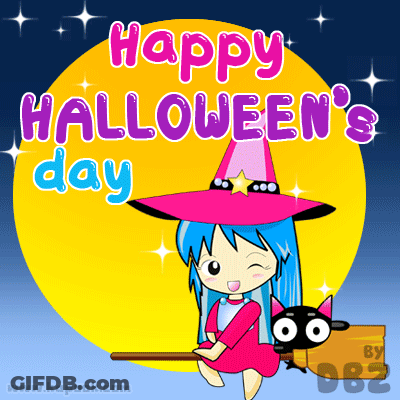 Happy Halloween Witch On Broomstick GIF