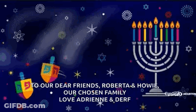 Happy Hanukkah Greeting Card With Menorah Dreidels And Candles GIF