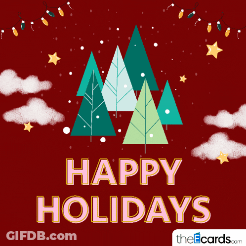 Happy Holidays Christmas Card With Trees And Stars GIF