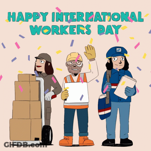 Happy International Workers Day Card With Cartoon Characters GIF