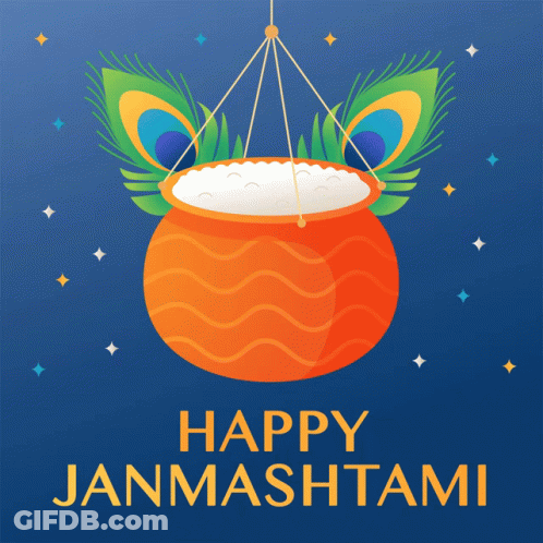 Happy Janmashtami Bowl Of Rice Peacock Feathers GIF