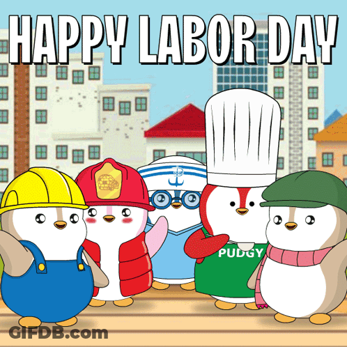 Happy Labor Day Greeting Card With Penguins In Different Occupations GIF
