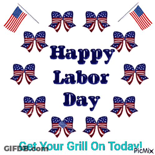 Happy Labor Day Sign With Flags And Bows GIF