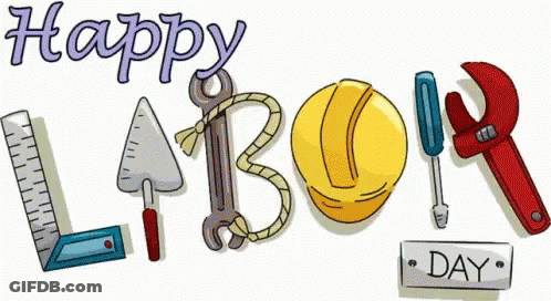 Happy Labor Day Sign With Hard Hat Wrench Ruler Hammer GIF