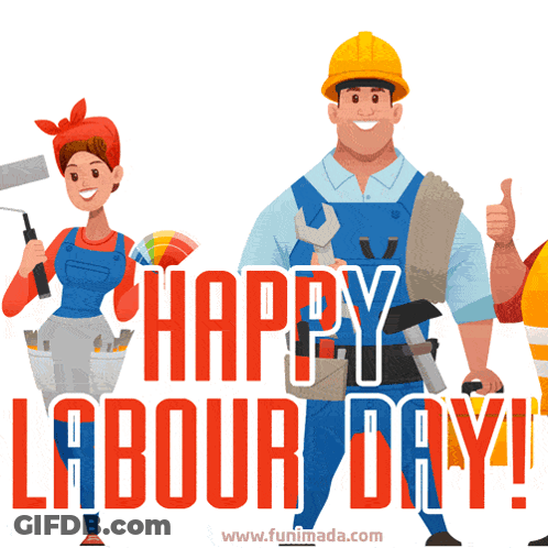 Happy Labour Day Greeting Card With Man And Woman GIF