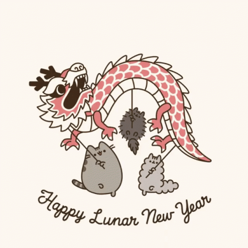 Happy Lunar New Year Cats Holding Dragon Costume GIF