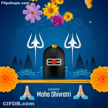 Happy Maha Shivaratri Greeting Card With Shiva Lingam And Flowers GIF