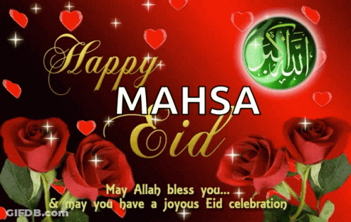 Happy Mahsa Eid Greeting Card With Roses And Hearts GIF