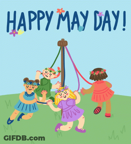 Happy May Day Greeting Card With Girls Playing GIF