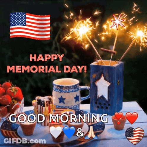 Happy Memorial Day Greeting Card With Sparklers And Coffee GIF